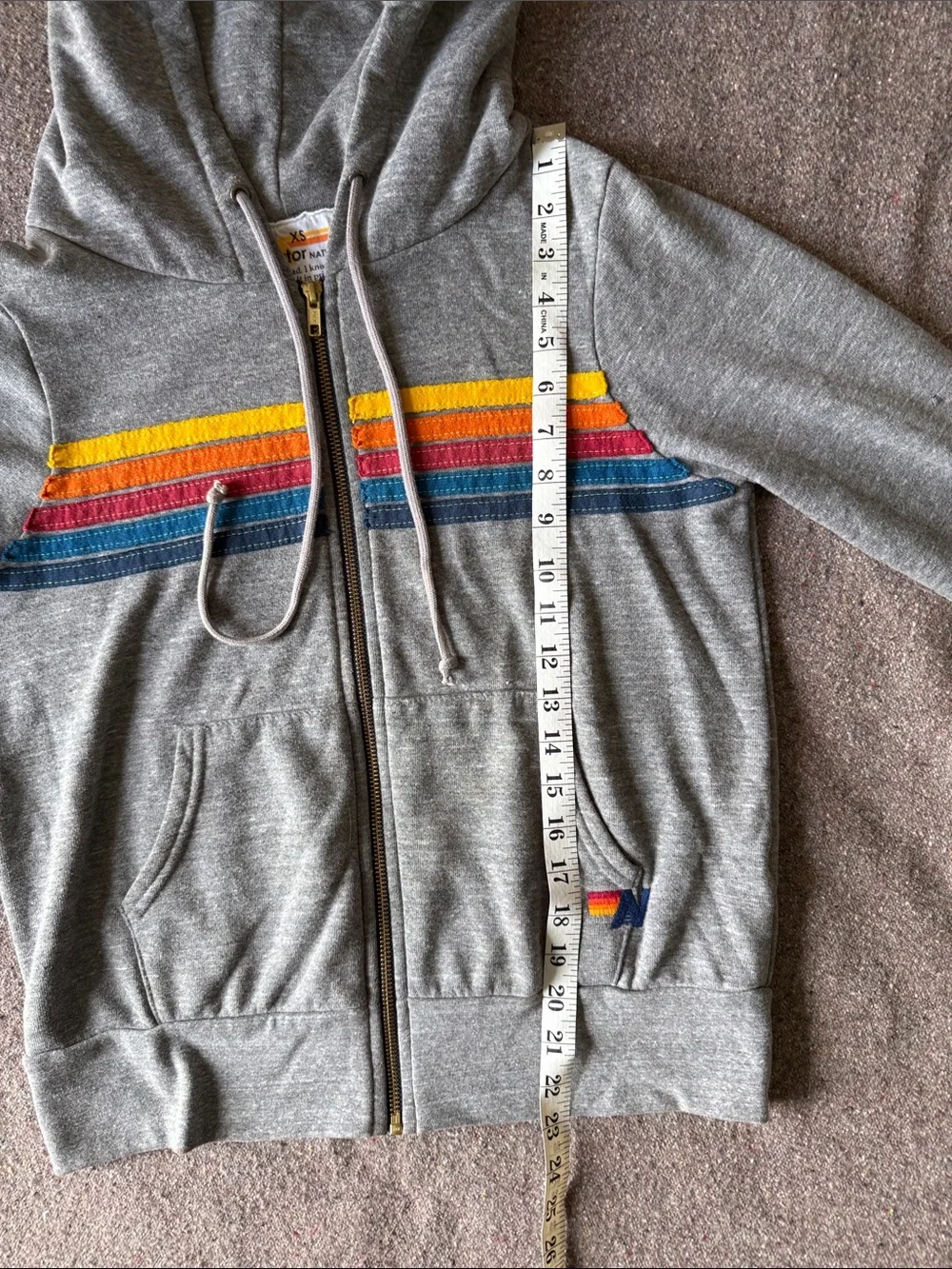 Aviator Nation Grey Zip-Up Hoodie with Yellow, Orange, Red and Blue Stripes (XS) - Picture 5 of 10